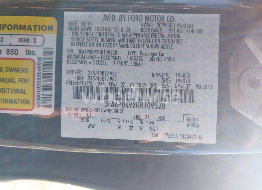 Photo 9 of 2016 Ford Fusion TITANIUM (VIN 3FA6P0K92GR109528)