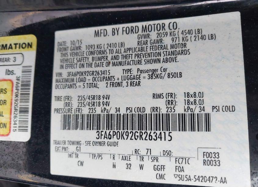 Photo 9 of 2016 Ford Fusion TITANIUM (VIN 3FA6P0K92GR263415)