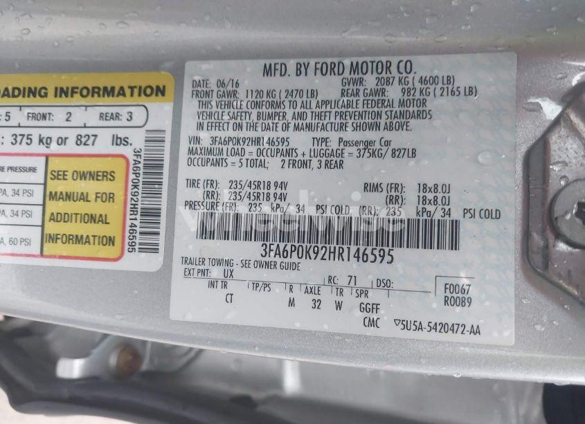 Photo 9 of 2017 Ford Fusion TITANIUM (VIN 3FA6P0K92HR146595)