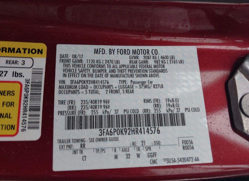 Photo 9 of 2017 Ford Fusion TITANIUM (VIN 3FA6P0K92HR414576)