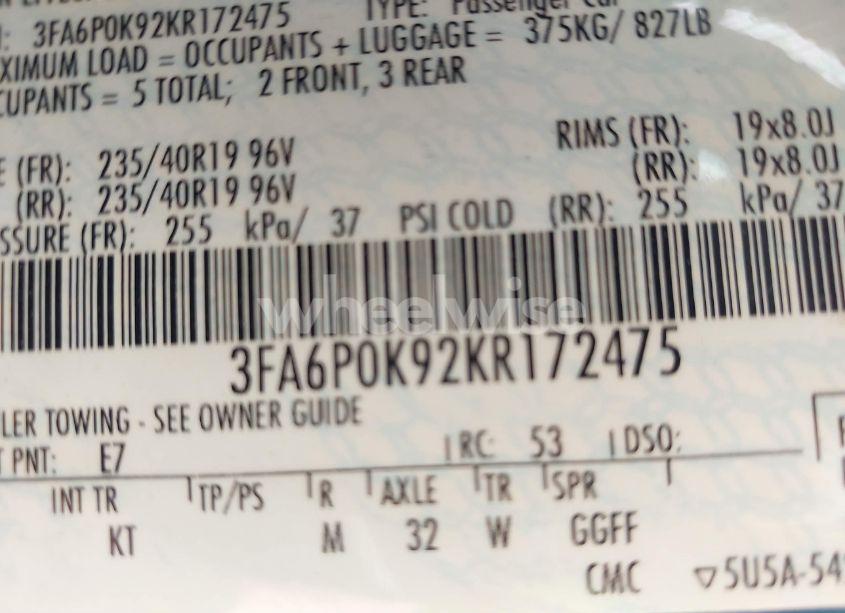 Photo 9 of 2019 Ford Fusion TITANIUM (VIN 3FA6P0K92KR172475)