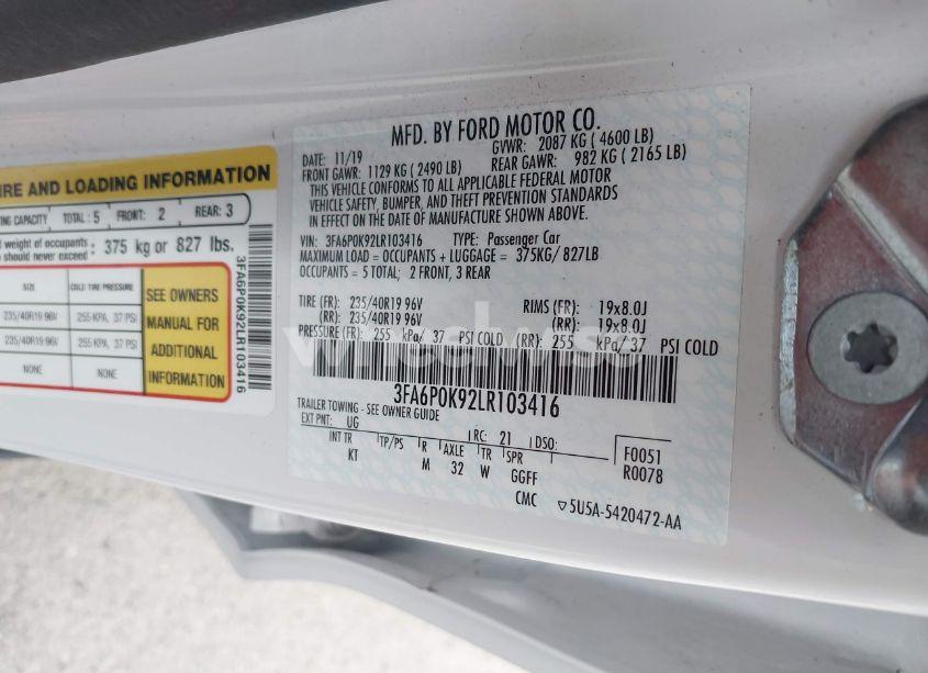 Photo 9 of 2020 Ford Fusion TITANIUM (VIN 3FA6P0K92LR103416)