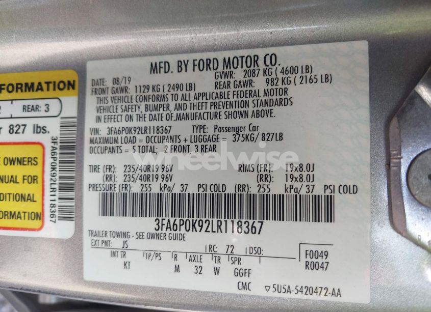 Photo 9 of 2020 Ford Fusion TITANIUM (VIN 3FA6P0K92LR118367)