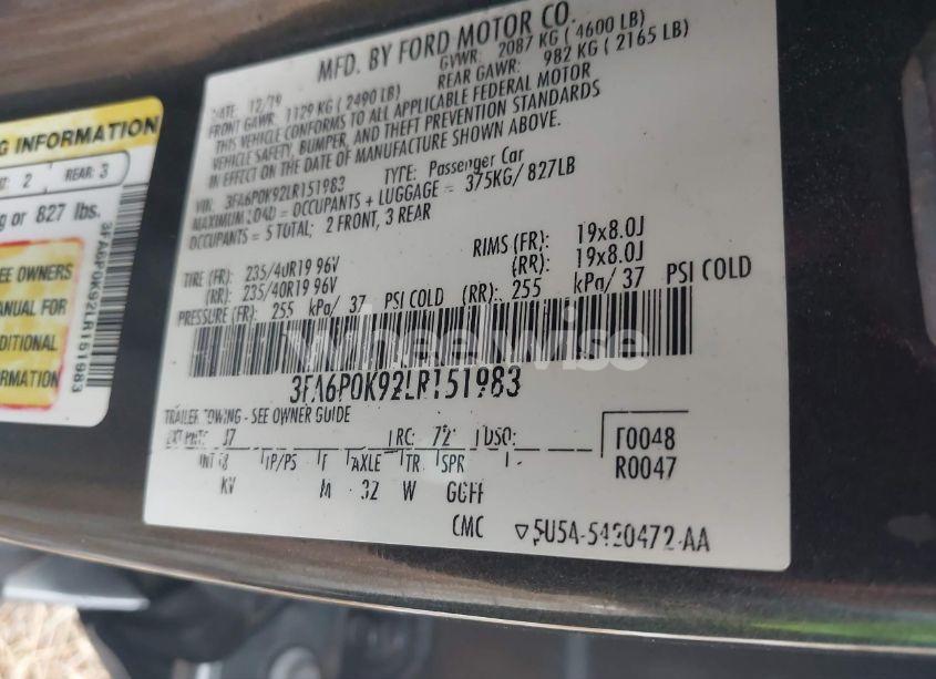 Photo 9 of 2020 Ford Fusion TITANIUM (VIN 3FA6P0K92LR151983)