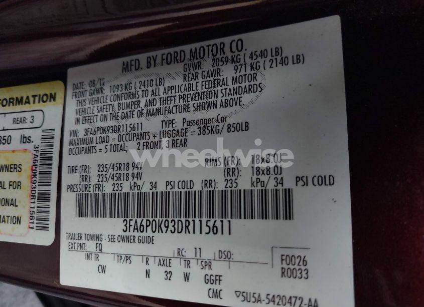 Photo 9 of 2013 Ford Fusion TITANIUM (VIN 3FA6P0K93DR115611)