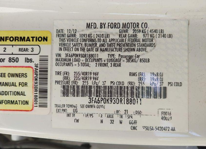 Photo 9 of 2013 Ford Fusion TITANIUM (VIN 3FA6P0K93DR188011)