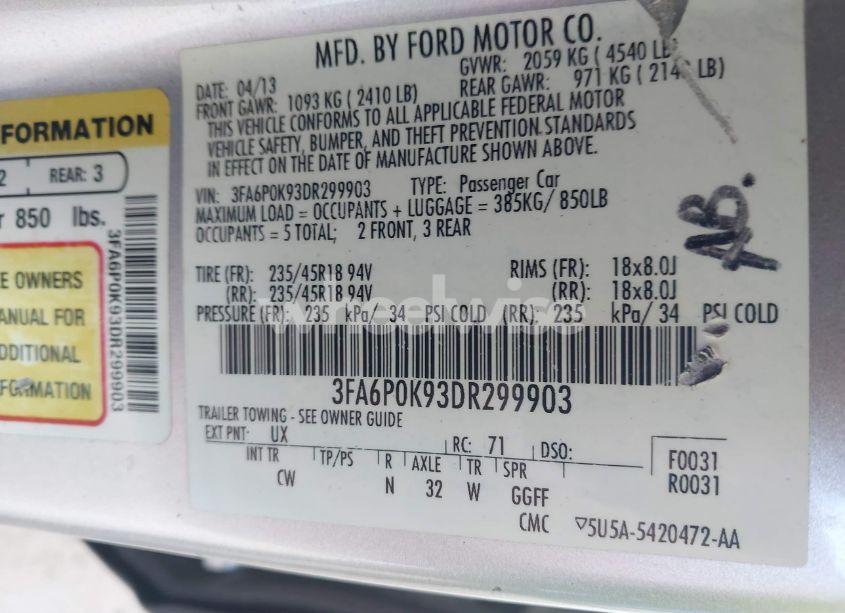 Photo 9 of 2013 Ford Fusion TITANIUM (VIN 3FA6P0K93DR299903)