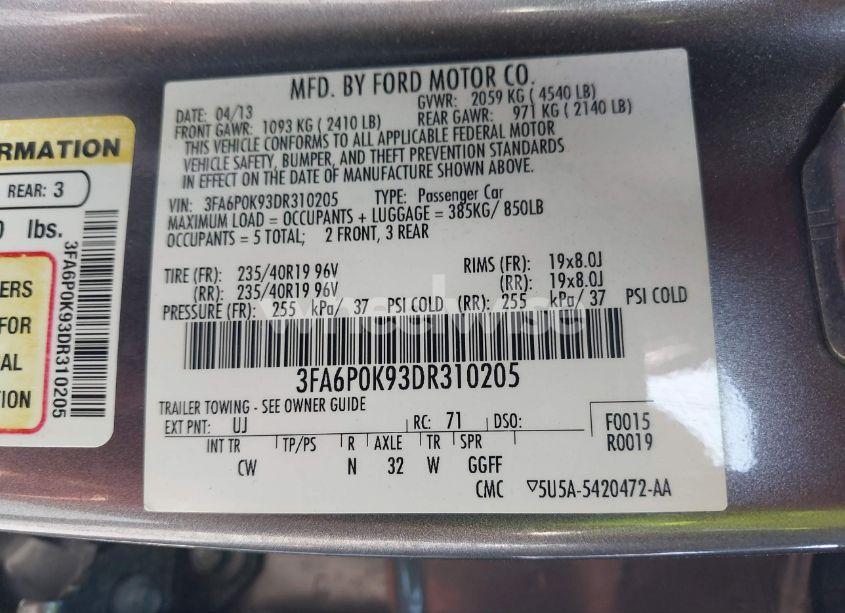 Photo 9 of 2013 Ford Fusion TITANIUM (VIN 3FA6P0K93DR310205)