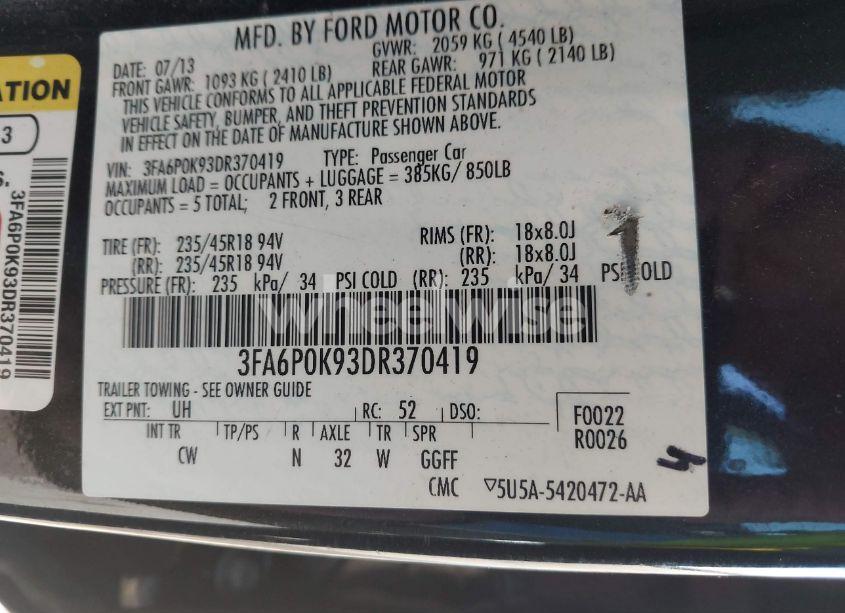 Photo 9 of 2013 Ford Fusion TITANIUM (VIN 3FA6P0K93DR370419)