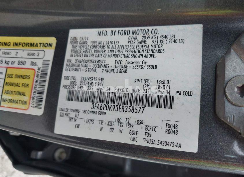 Photo 9 of 2014 Ford Fusion TITANIUM (VIN 3FA6P0K93ER358577)