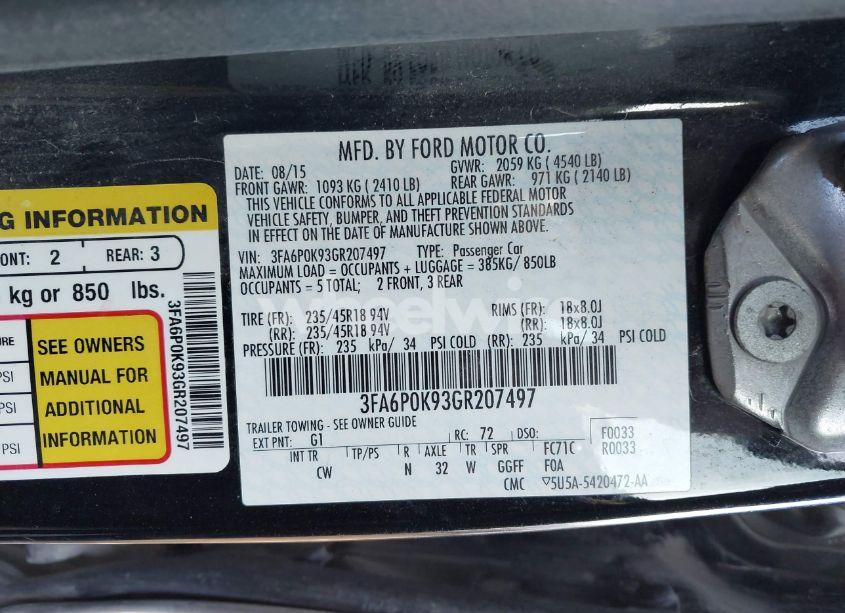 Photo 9 of 2016 Ford Fusion TITANIUM (VIN 3FA6P0K93GR207497)