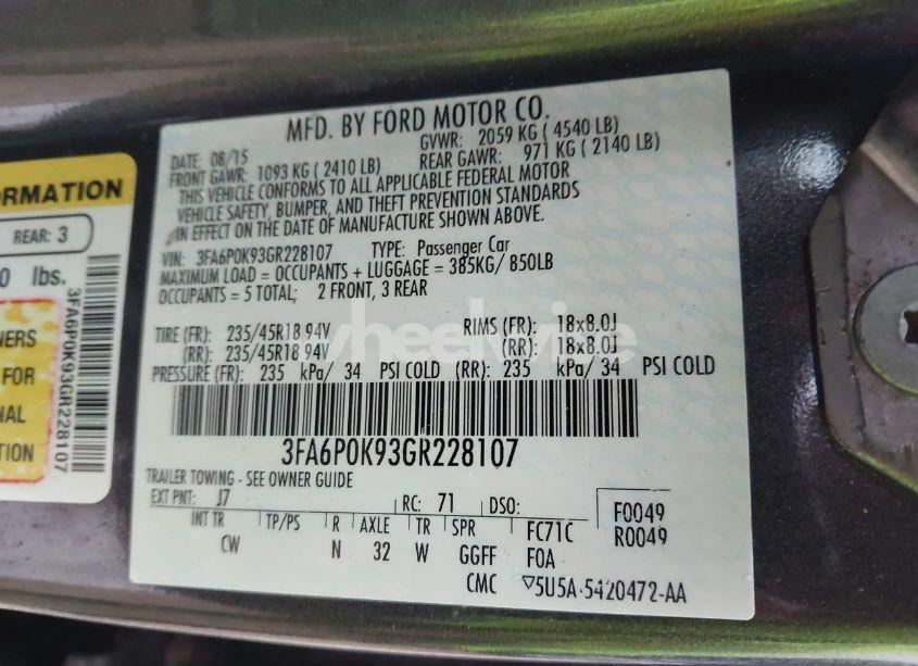 Photo 9 of 2016 Ford Fusion TITANIUM (VIN 3FA6P0K93GR228107)