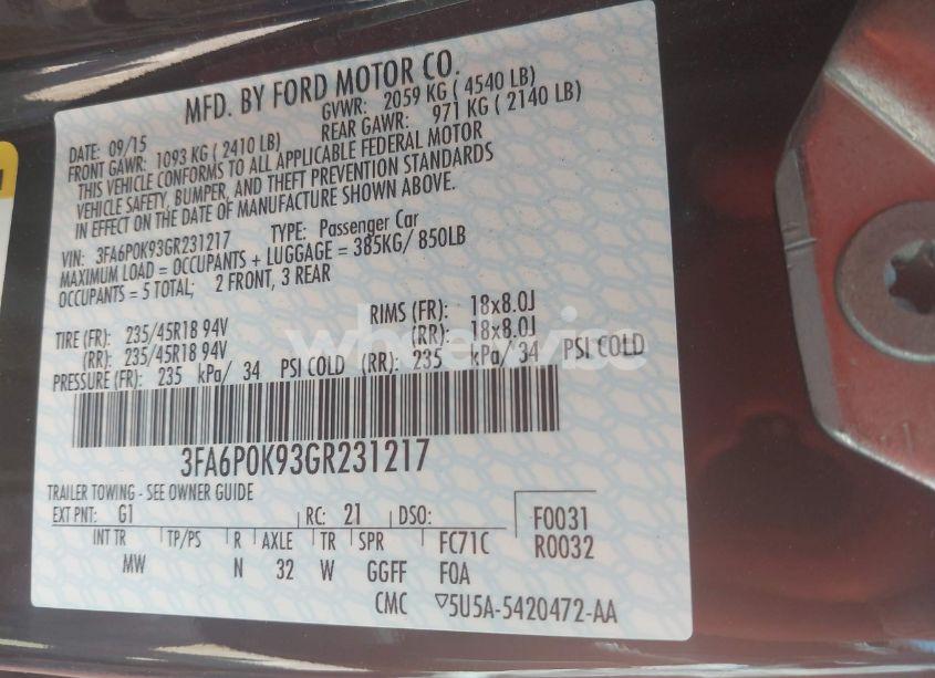 Photo 9 of 2016 Ford Fusion TITANIUM (VIN 3FA6P0K93GR231217)