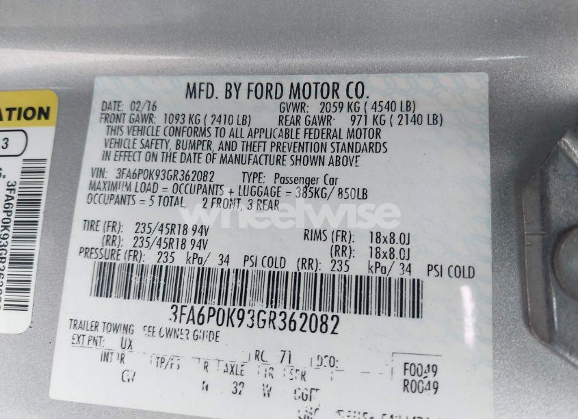 Photo 9 of 2016 Ford Fusion TITANIUM (VIN 3FA6P0K93GR362082)