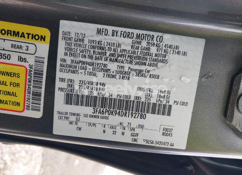 Photo 9 of 2013 Ford Fusion TITANIUM (VIN 3FA6P0K94DR192780)