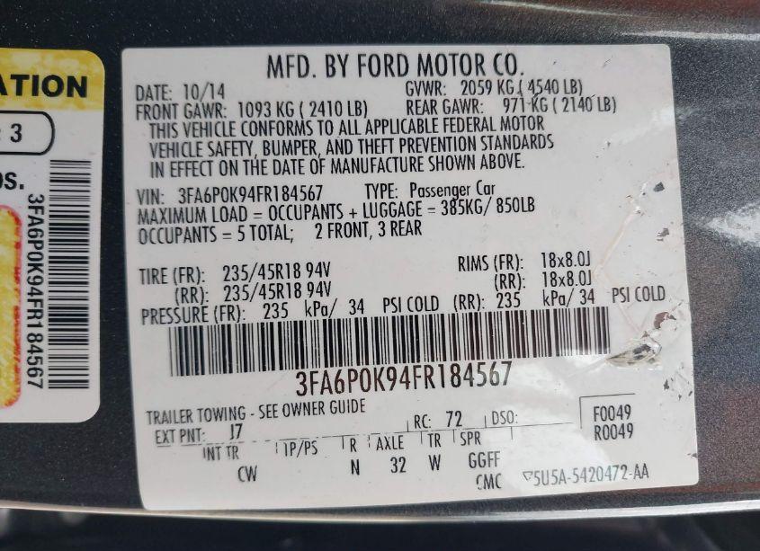 Photo 9 of 2015 Ford Fusion TITANIUM (VIN 3FA6P0K94FR184567)