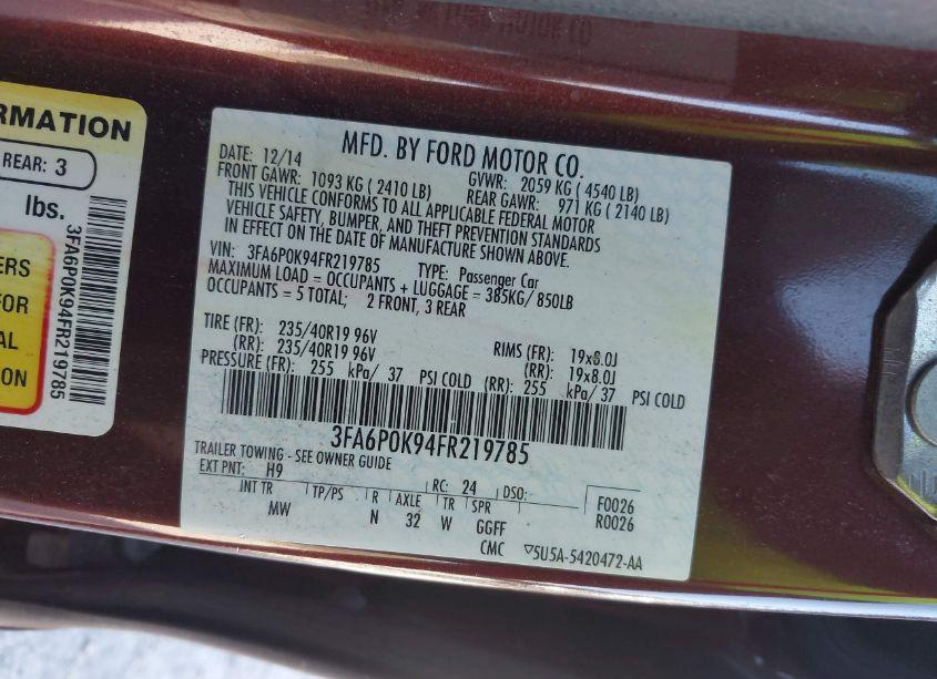 Photo 9 of 2015 Ford Fusion TITANIUM (VIN 3FA6P0K94FR219785)