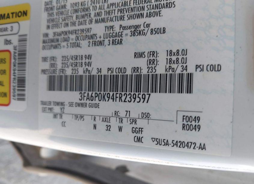 Photo 9 of 2015 Ford Fusion TITANIUM (VIN 3FA6P0K94FR239597)