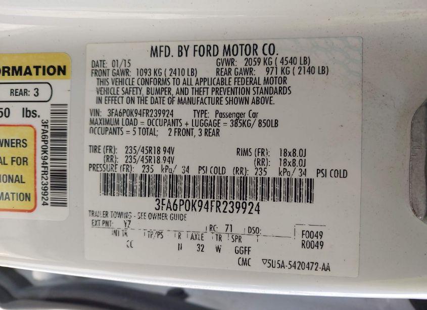 Photo 5 of 2015 Ford Fusion TITANIUM (VIN 3FA6P0K94FR239924)