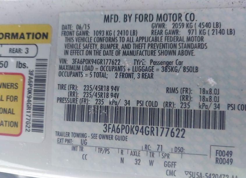 Photo 9 of 2016 Ford Fusion TITANIUM (VIN 3FA6P0K94GR177622)