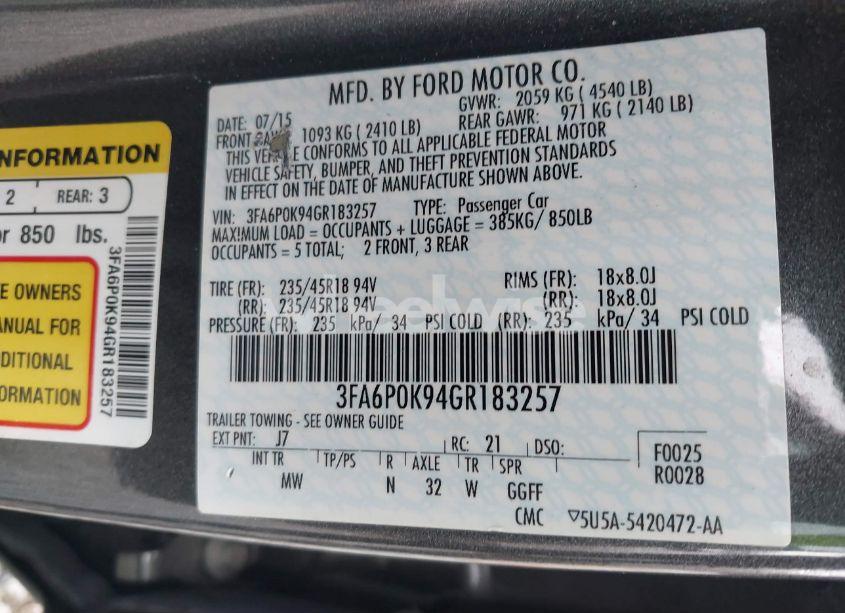 Photo 9 of 2016 Ford Fusion TITANIUM (VIN 3FA6P0K94GR183257)