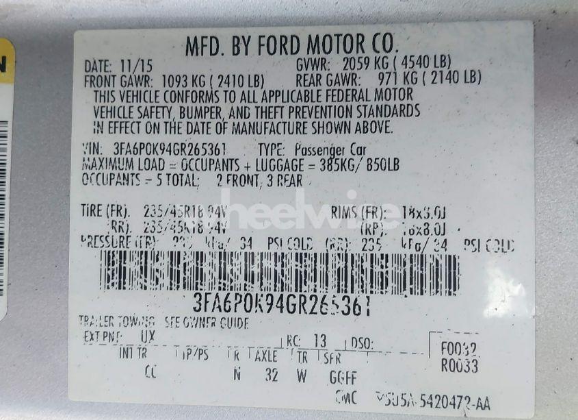 Photo 13 of 2016 Ford Fusion TITANIUM (VIN 3FA6P0K94GR265361)