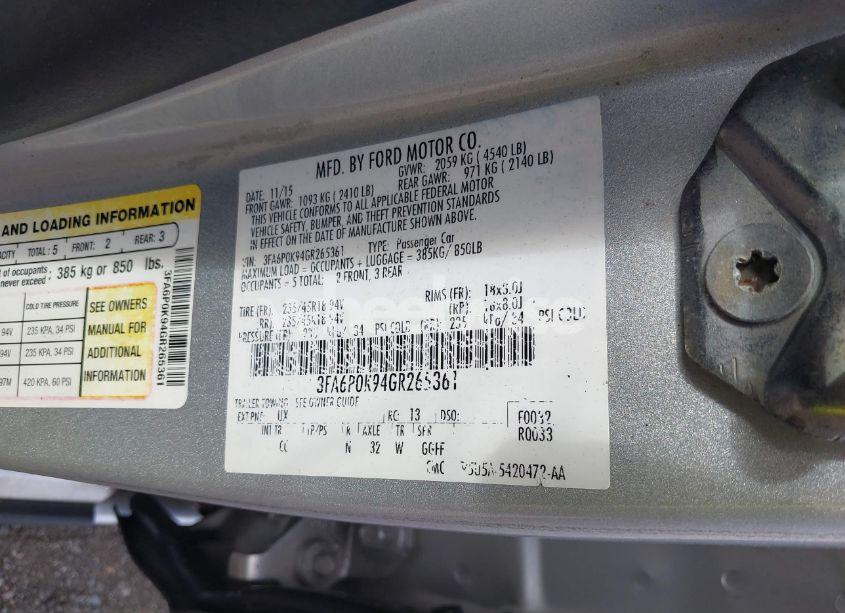 Photo 9 of 2016 Ford Fusion TITANIUM (VIN 3FA6P0K94GR265361)