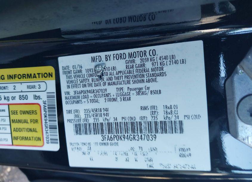 Photo 9 of 2016 Ford Fusion TITANIUM (VIN 3FA6P0K94GR347039)