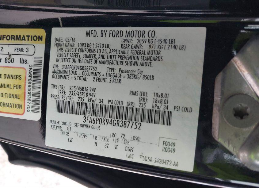 Photo 9 of 2016 Ford Fusion TITANIUM (VIN 3FA6P0K94GR387752)