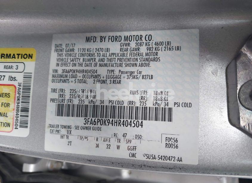 Photo 9 of 2017 Ford Fusion TITANIUM (VIN 3FA6P0K94HR404504)