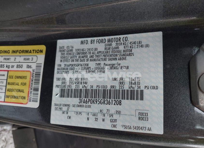 Photo 9 of 2016 Ford Fusion TITANIUM (VIN 3FA6P0K95GR361208)