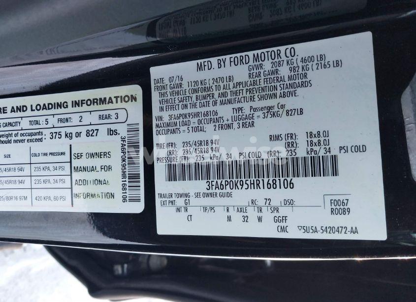 Photo 9 of 2017 Ford Fusion TITANIUM (VIN 3FA6P0K95HR168106)