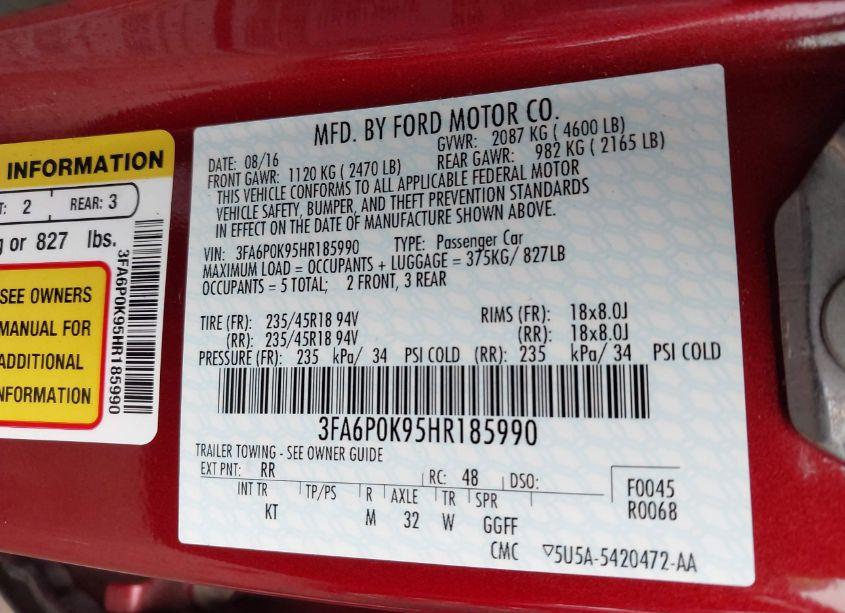 Photo 9 of 2017 Ford Fusion TITANIUM (VIN 3FA6P0K95HR185990)