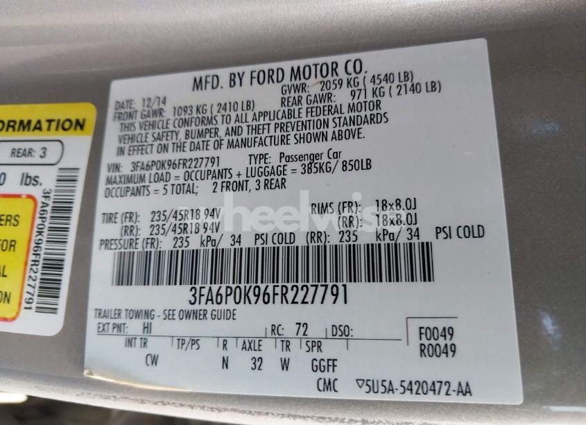 Photo 9 of 2015 Ford Fusion TITANIUM (VIN 3FA6P0K96FR227791)