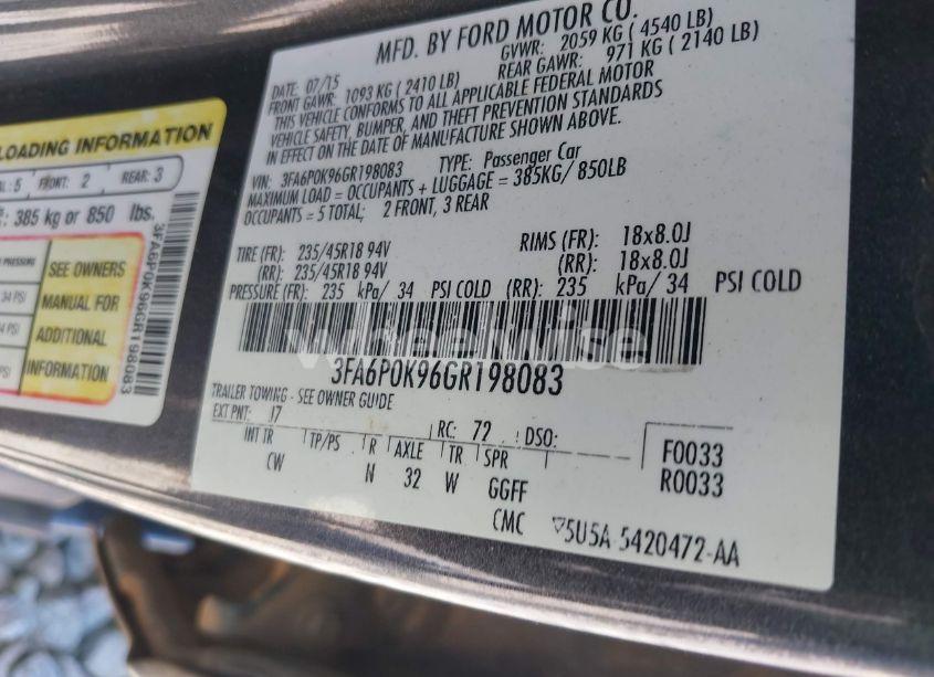 Photo 9 of 2016 Ford Fusion TITANIUM (VIN 3FA6P0K96GR198083)