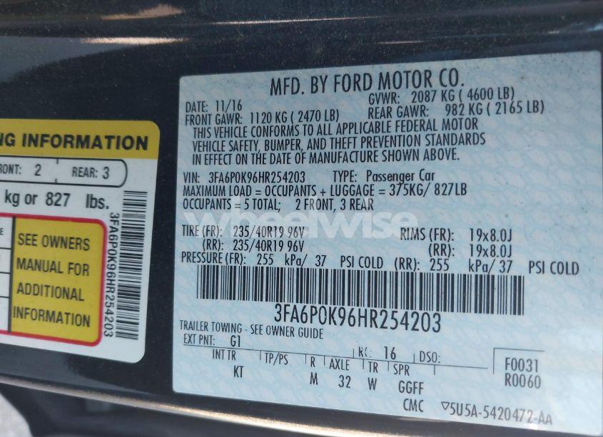 Photo 9 of 2017 Ford Fusion TITANIUM (VIN 3FA6P0K96HR254203)