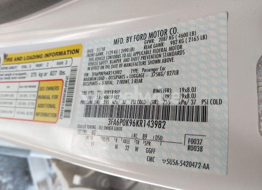 Photo 9 of 2019 Ford Fusion TITANIUM (VIN 3FA6P0K96KR143982)