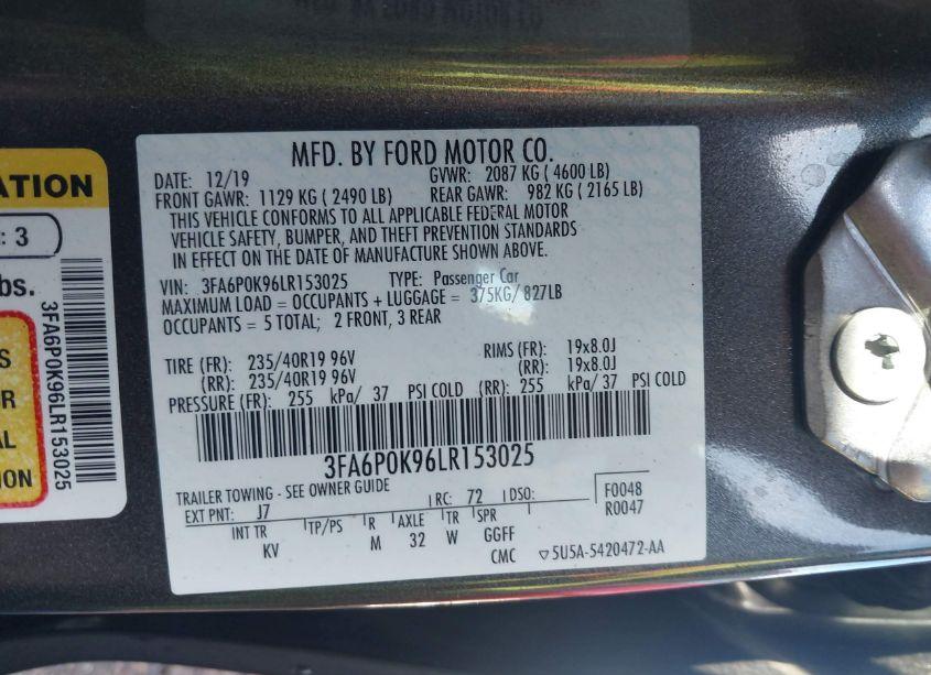 Photo 9 of 2020 Ford Fusion TITANIUM (VIN 3FA6P0K96LR153025)