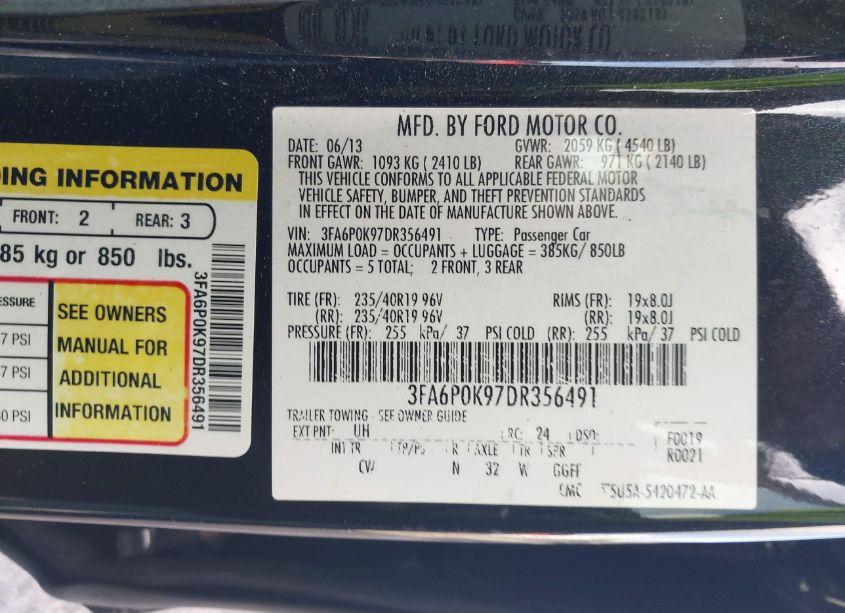 Photo 9 of 2013 Ford Fusion TITANIUM (VIN 3FA6P0K97DR356491)