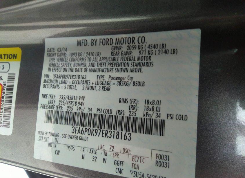 Photo 9 of 2014 Ford Fusion TITANIUM (VIN 3FA6P0K97ER318163)