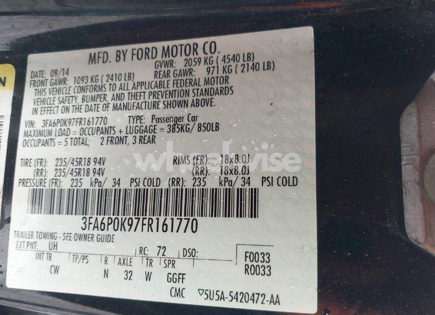 Photo 9 of 2015 Ford Fusion TITANIUM (VIN 3FA6P0K97FR161770)