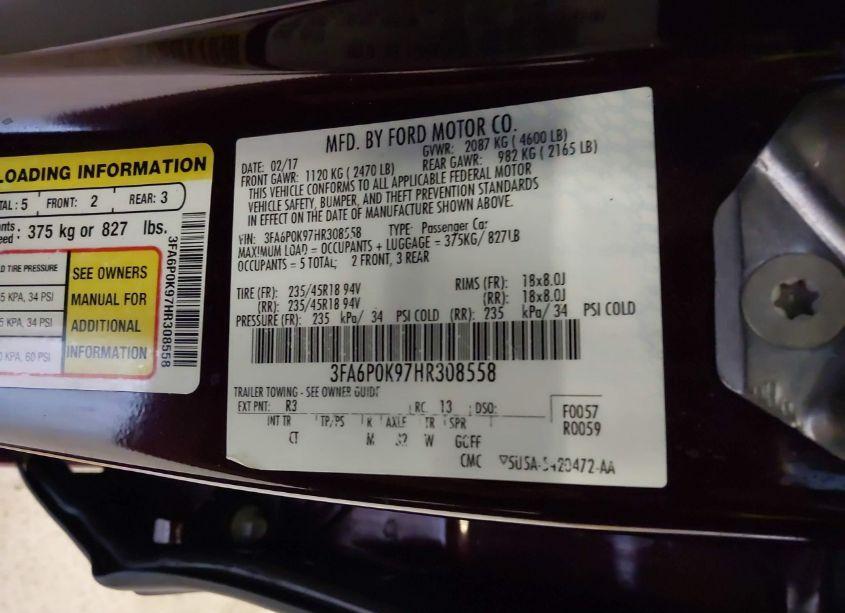 Photo 9 of 2017 Ford Fusion TITANIUM (VIN 3FA6P0K97HR308558)