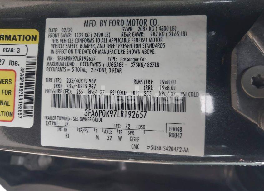 Photo 9 of 2020 Ford Fusion TITANIUM (VIN 3FA6P0K97LR192657)
