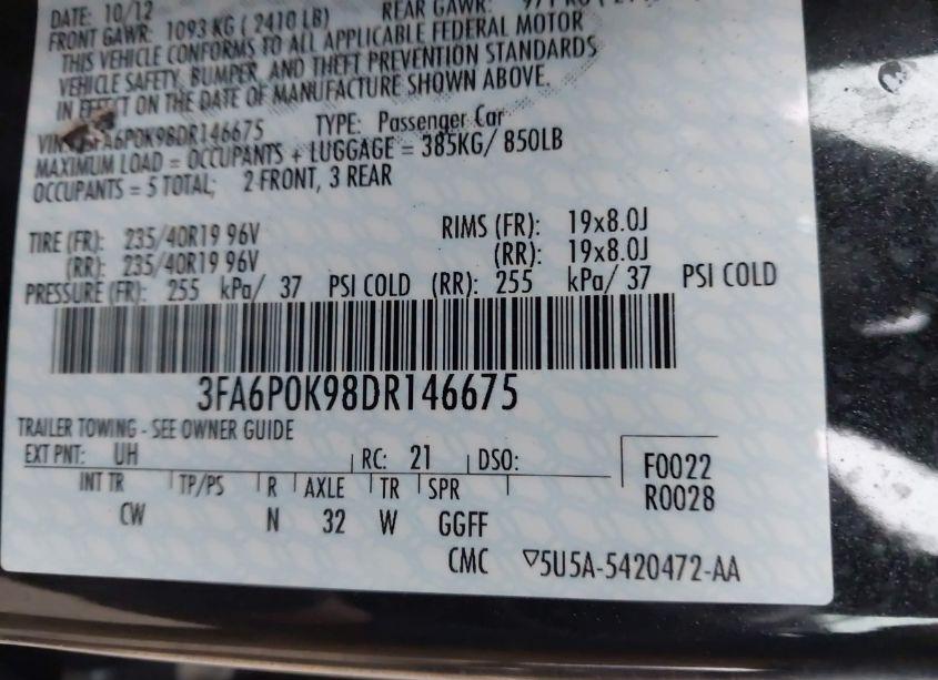 Photo 9 of 2013 Ford Fusion TITANIUM (VIN 3FA6P0K98DR146675)