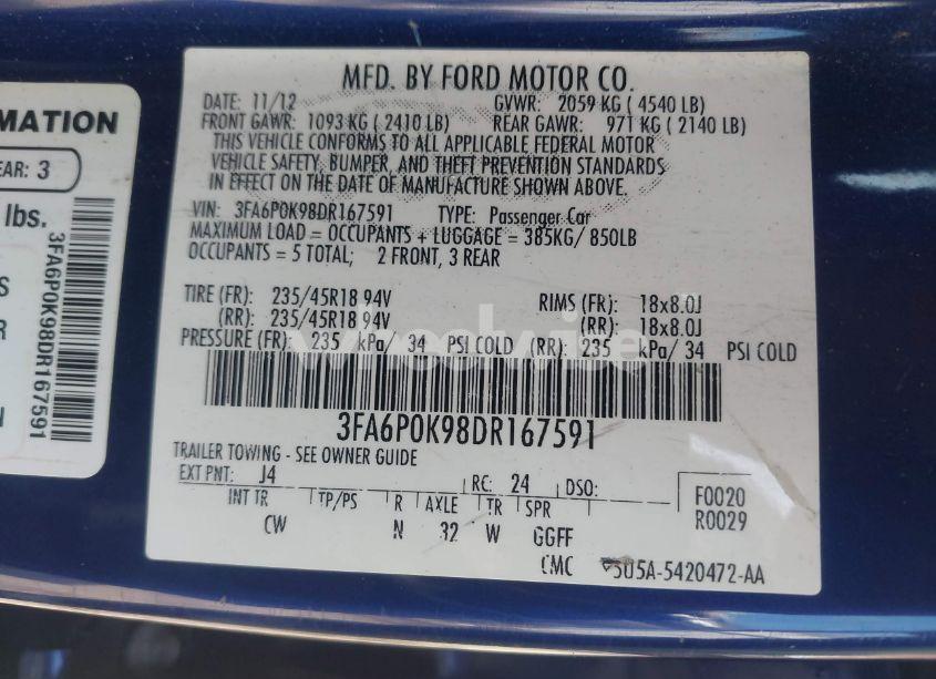 Photo 9 of 2013 Ford Fusion TITANIUM (VIN 3FA6P0K98DR167591)