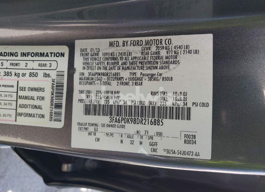 Photo 9 of 2013 Ford Fusion TITANIUM (VIN 3FA6P0K98DR216885)