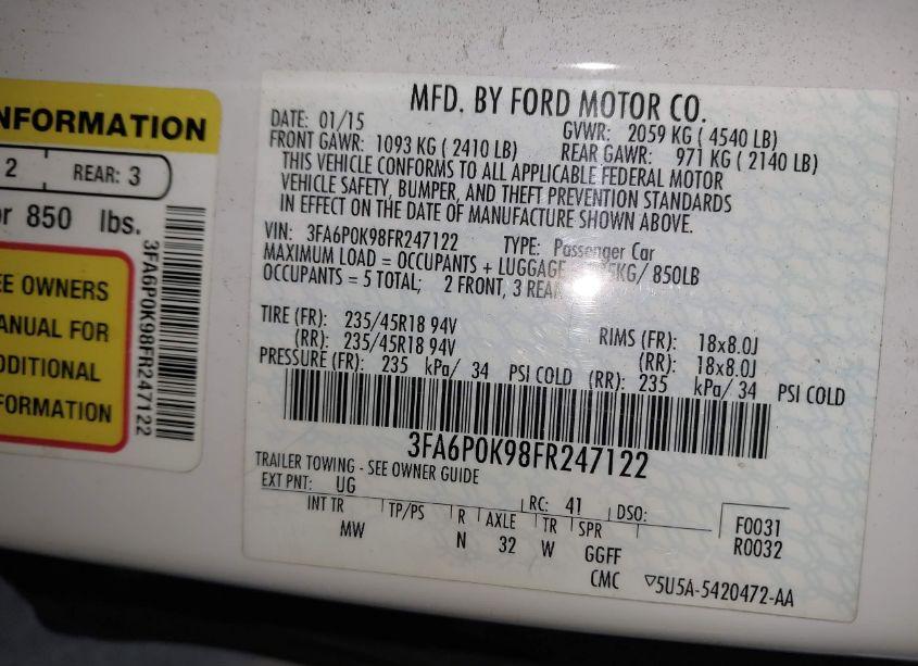 Photo 9 of 2015 Ford Fusion TITANIUM (VIN 3FA6P0K98FR247122)