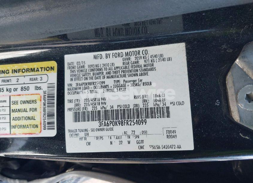 Photo 9 of 2015 Ford Fusion TITANIUM (VIN 3FA6P0K98FR254099)