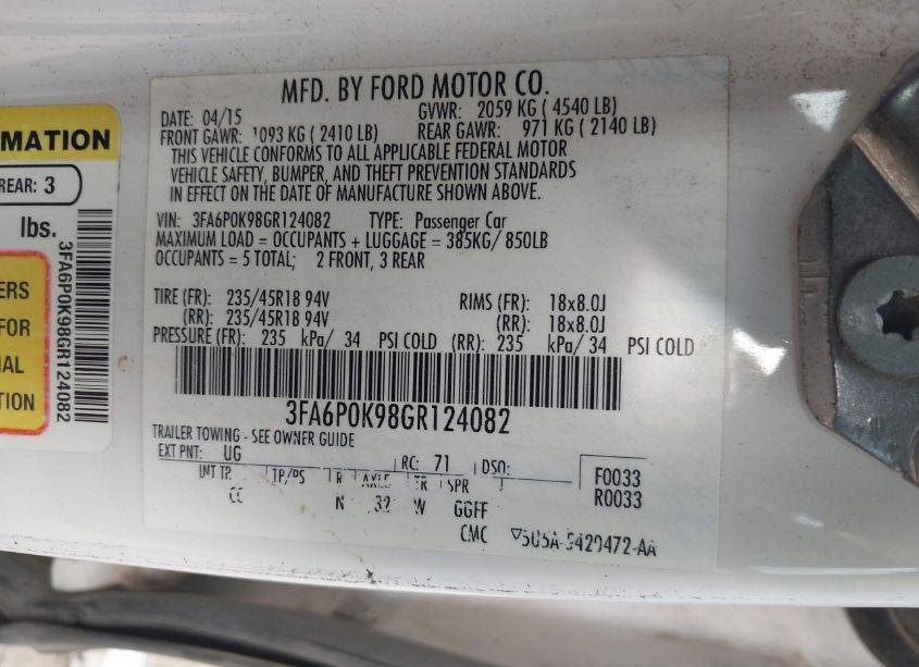 Photo 9 of 2016 Ford Fusion TITANIUM (VIN 3FA6P0K98GR124082)