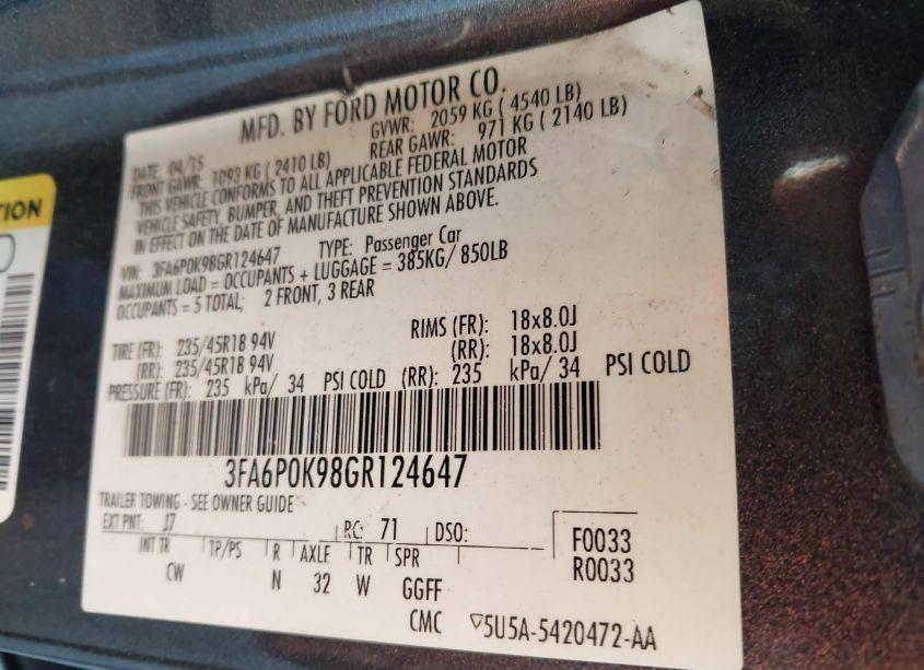 Photo 9 of 2016 Ford Fusion TITANIUM (VIN 3FA6P0K98GR124647)